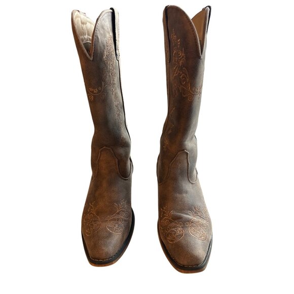 Roper Brown Tall Stuff Western Boots Brown Snip Toe Embroidered Design Size 8 - Picture 5 of 9